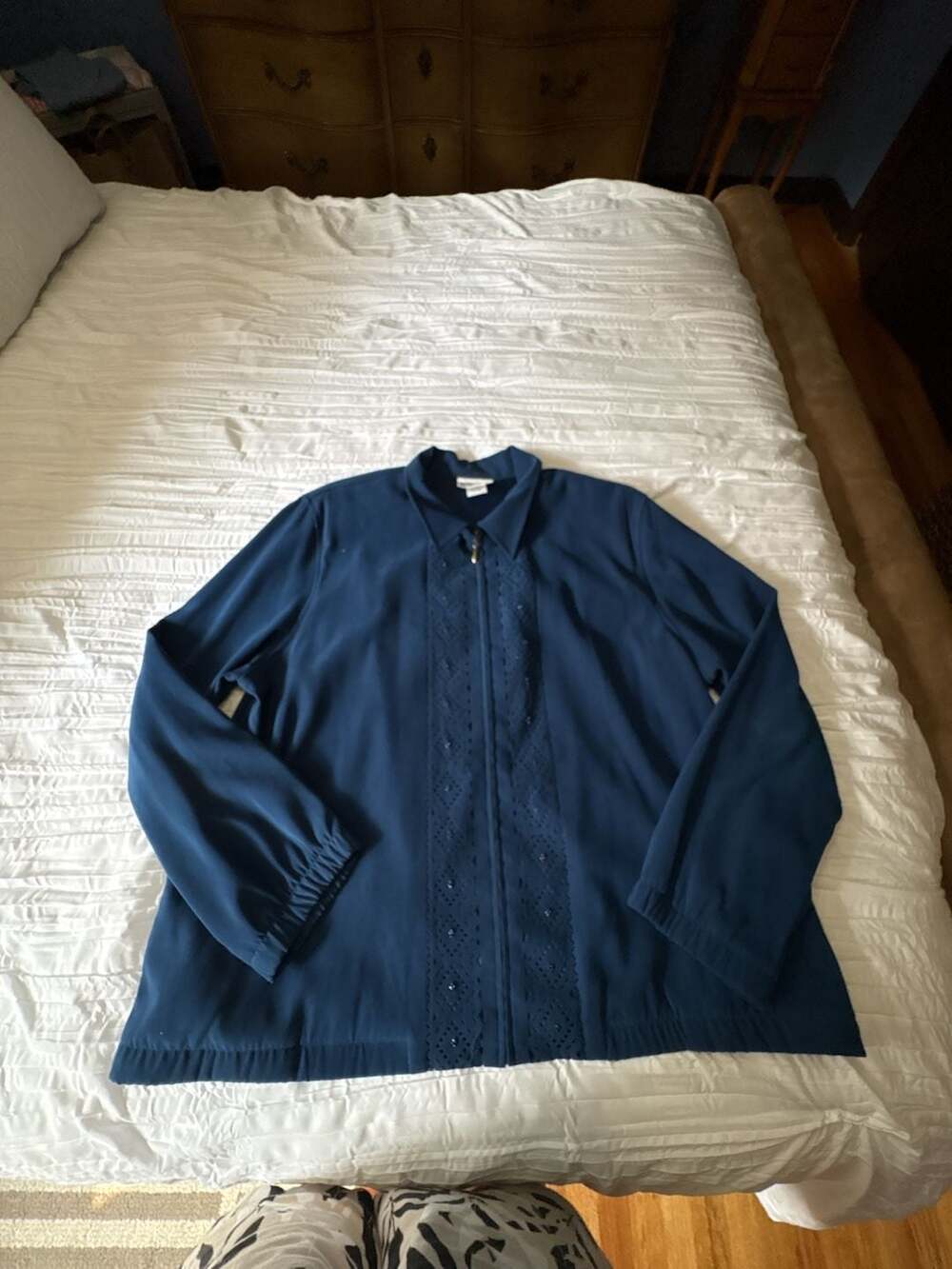 Alfred Dunner Petite Women's Blue Zip-Up Jacket with Eyelet and Beaded Detail